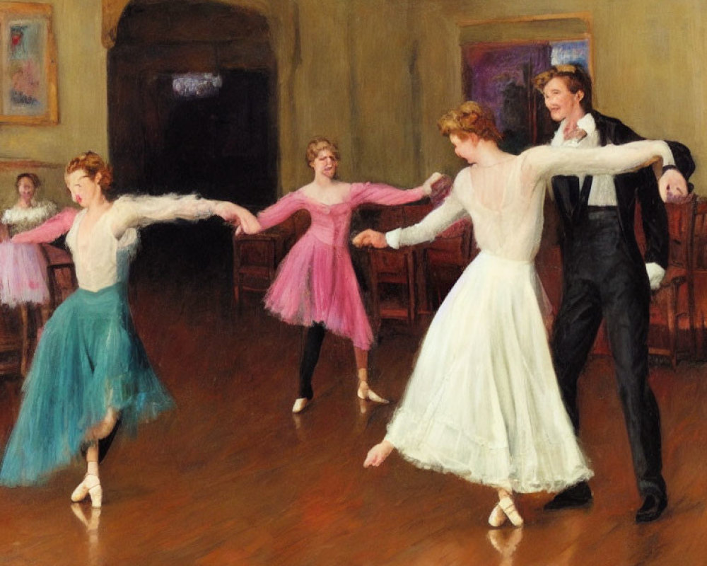 Four people dancing gracefully in an elegant room with paintings on walls