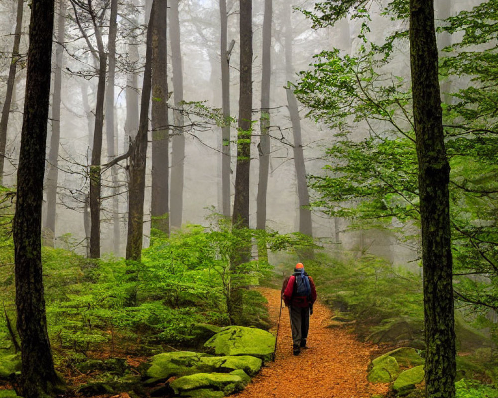 Hiker on forest trail with tall trees, mist, green foliage, and moss-covered rocks
