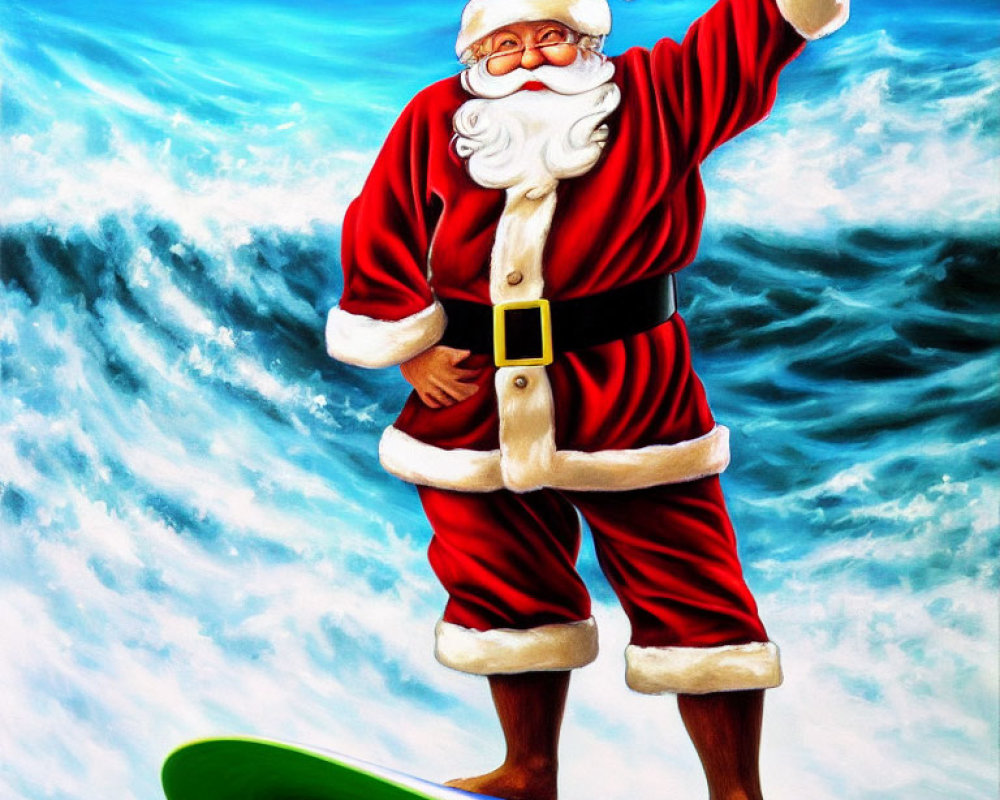 Santa Claus in Red Suit Surfing on Blue Wave