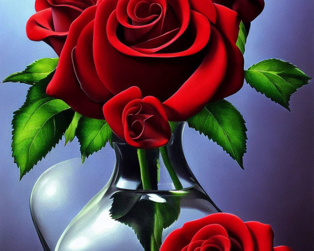 Red Roses Bouquet in Glass Vase on Blue Gradient Background