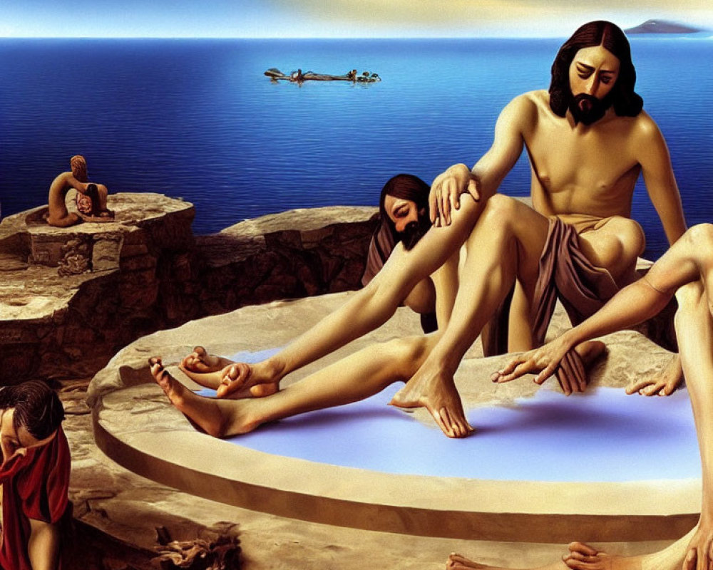 Surreal painting of figures in classical robes by pool with vast ocean backdrop