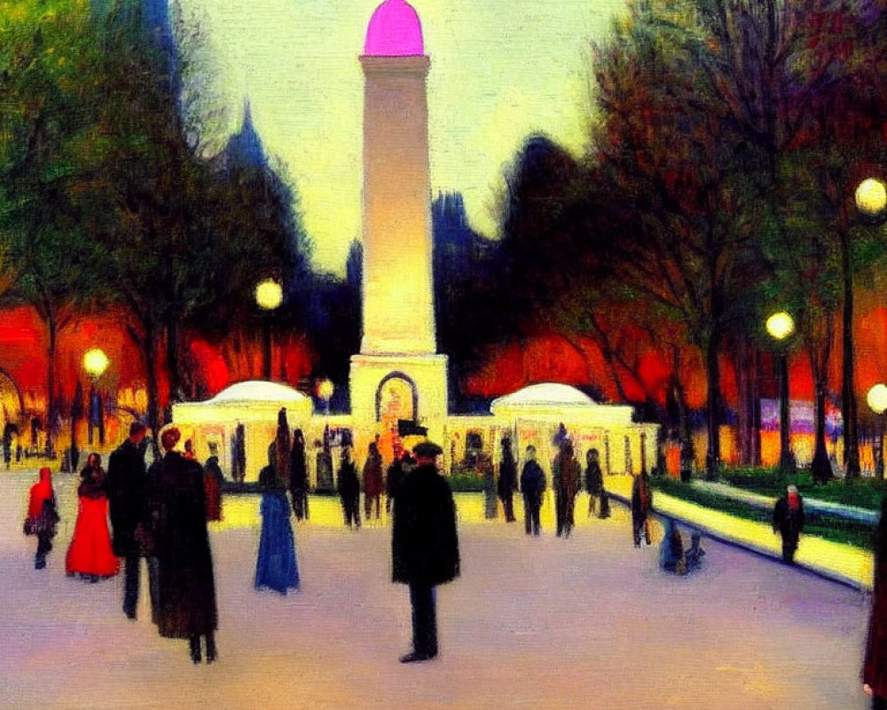Impressionist-style painting of a park scene with obelisk, street lamps, and trees at