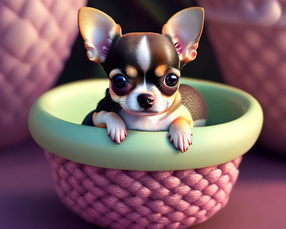 Small Chihuahua with oversized ears in woven basket with green ring.