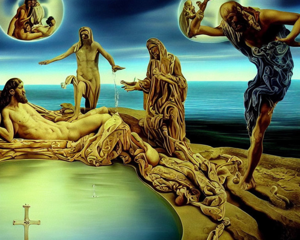 Religious-themed surreal painting with biblical figures and vivid colors