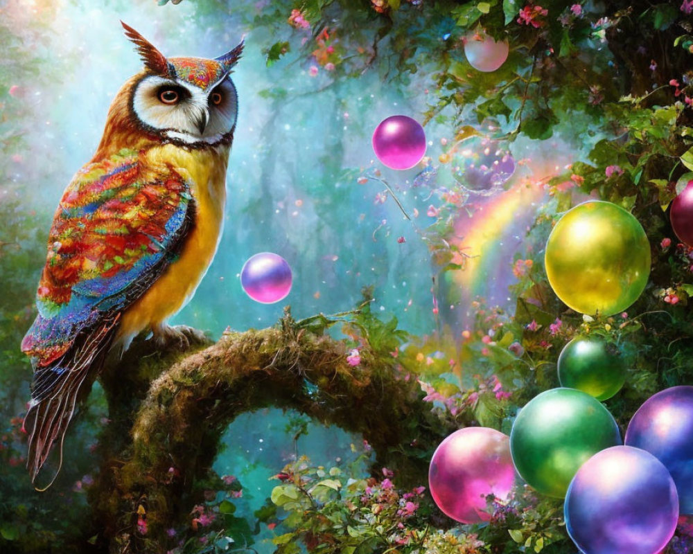 Colorful Owl with Vibrant Feather Pattern in Whimsical Forest