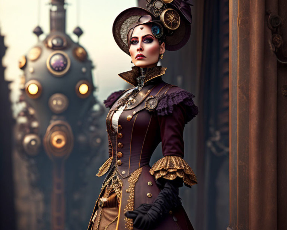 Steampunk-themed woman in Victorian attire with hat and goggles.
