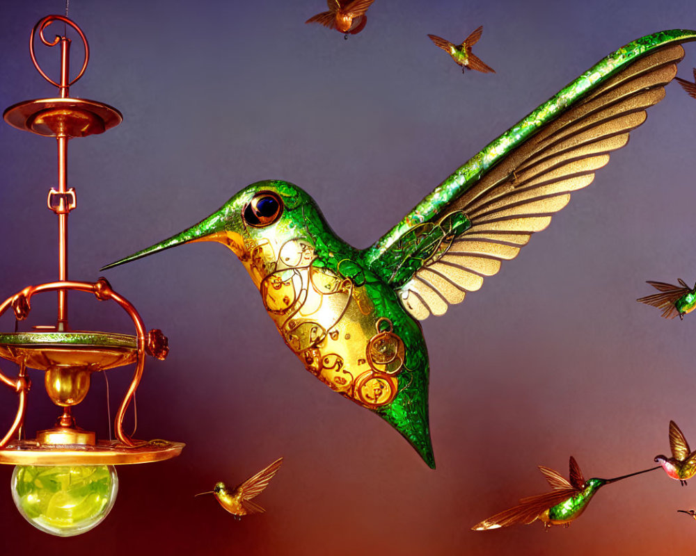 Steampunk-style mechanical hummingbird with metallic feathers near golden feeder.