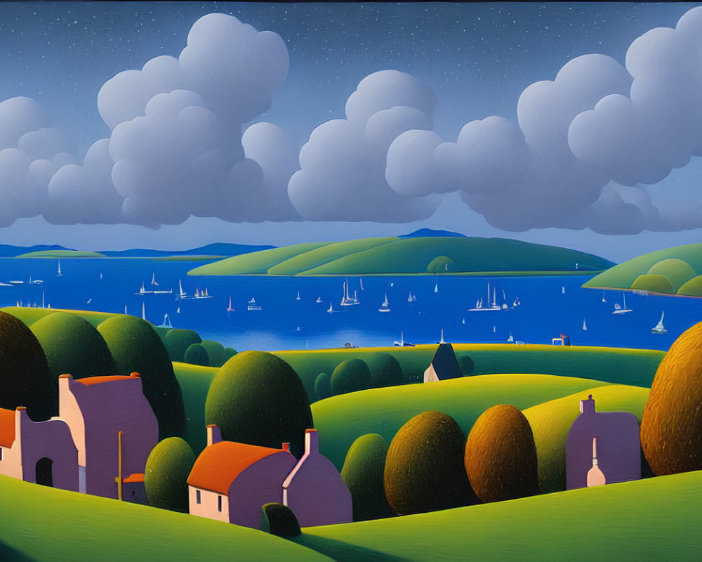 Scenic night landscape: green hills, white houses, moonlit bay, sailboats, starry