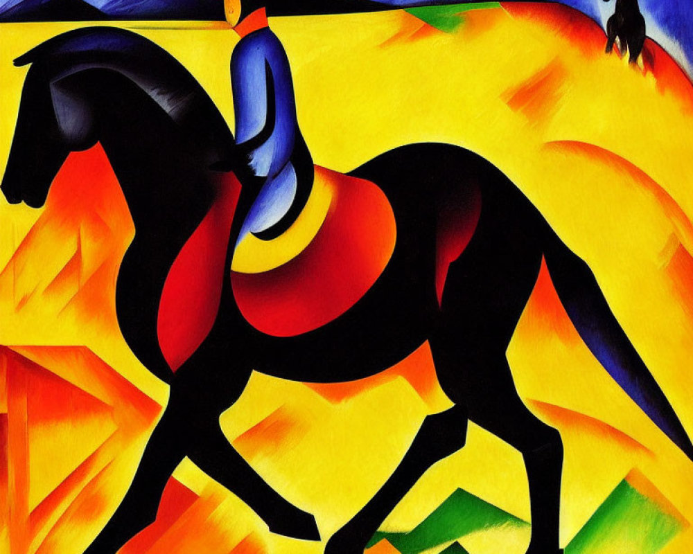 Colorful Abstract Painting of Person Riding Black Horse