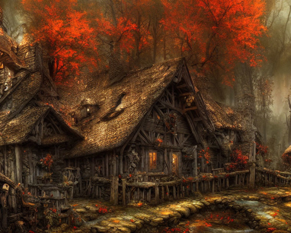 Thatched roof rustic cottages in foggy autumn forest landscape