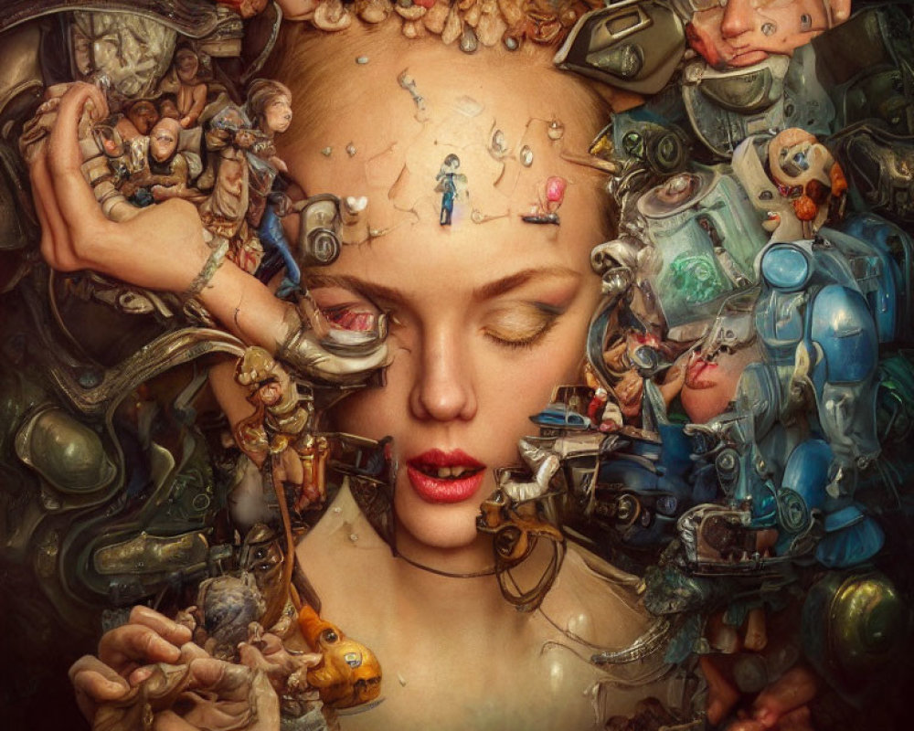 Surreal portrait of a woman with closed eyes and eclectic frame