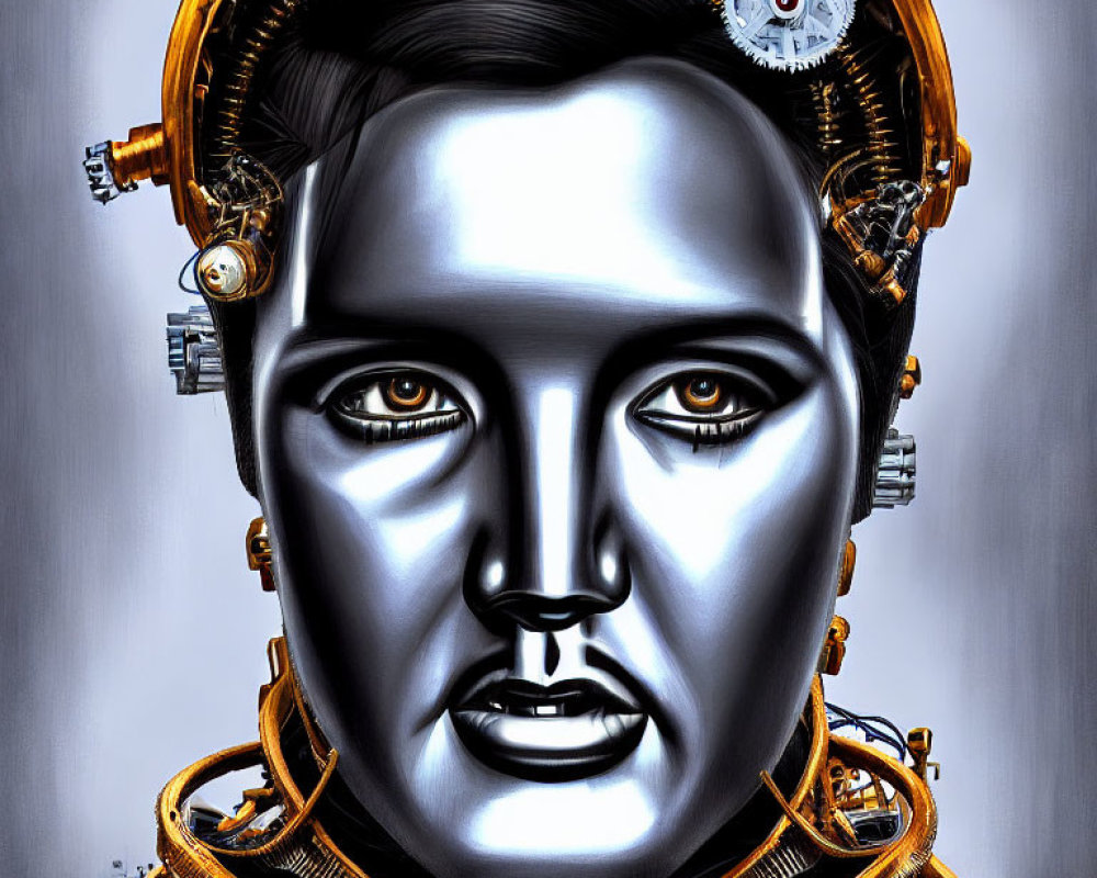 Metallic humanoid face with intricate steampunk design