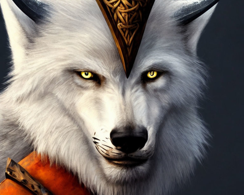 Detailed illustration of white wolf head with yellow eyes, bronze crown, and patterned leather garment