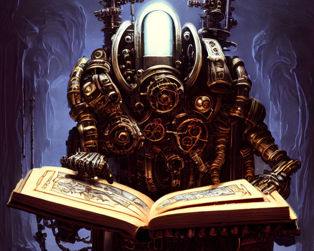 Mechanical humanoid robot reading book in futuristic setting