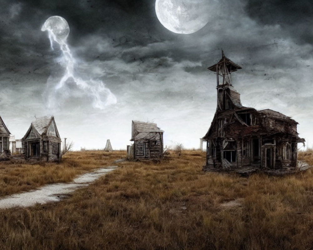Desolate scene with wooden buildings, church, moon, and lightning