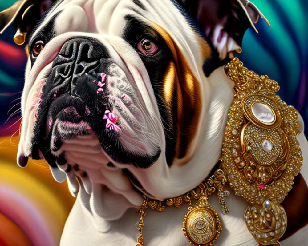 Stylized bulldog with gold jewelry on colorful swirl background