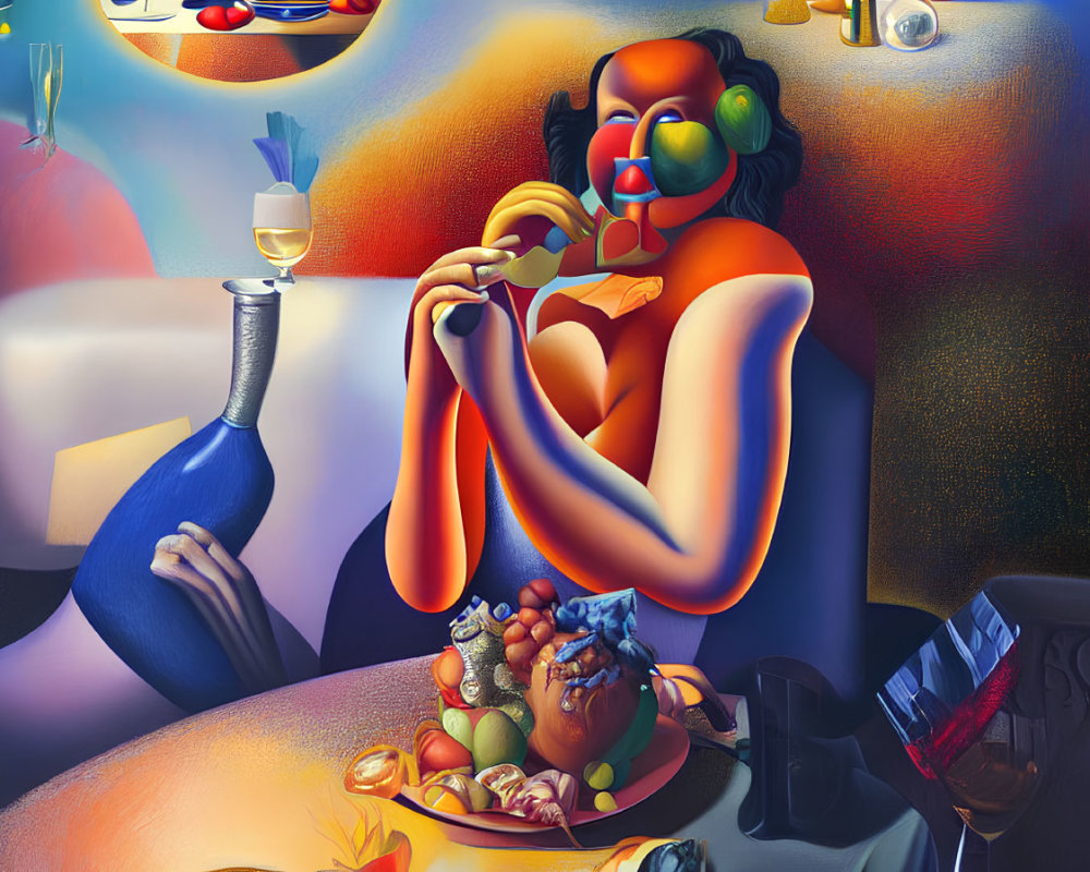 Surreal artwork of a woman dining with distorted proportions
