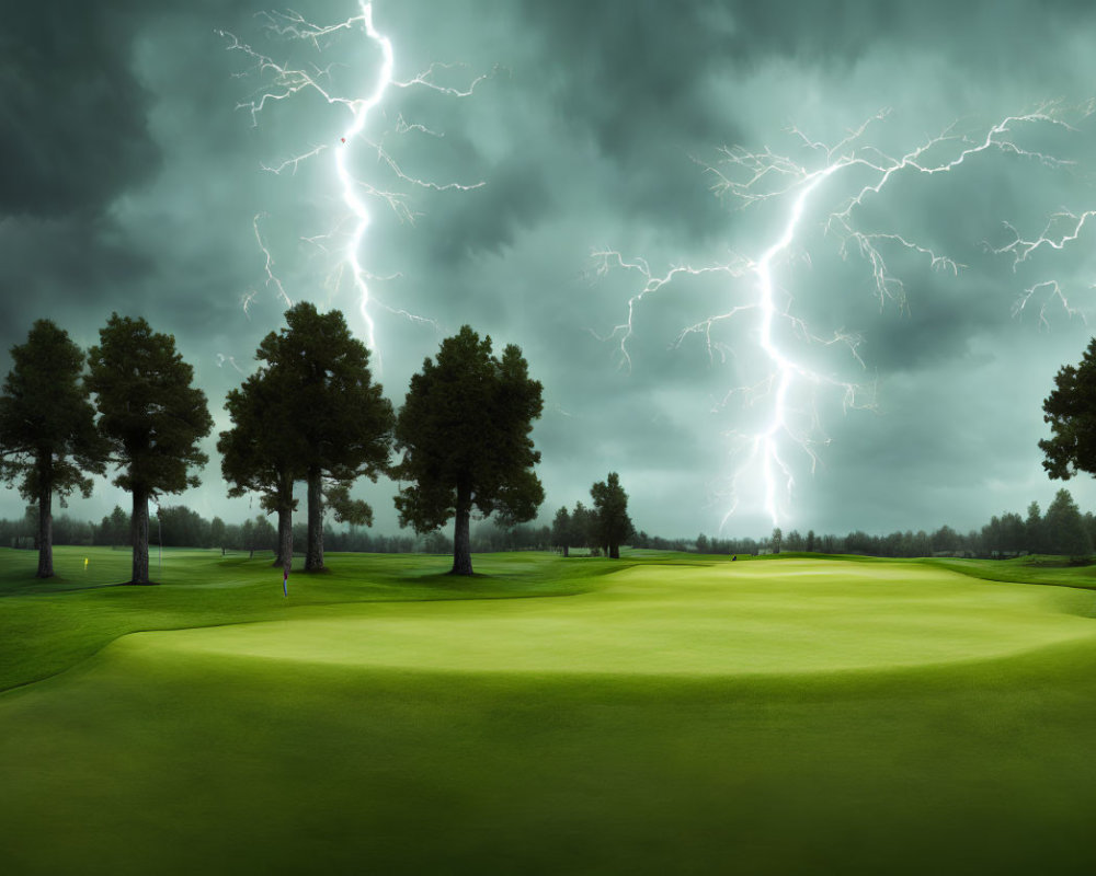 Serene golf course with lush greenery under stormy sky & lightning