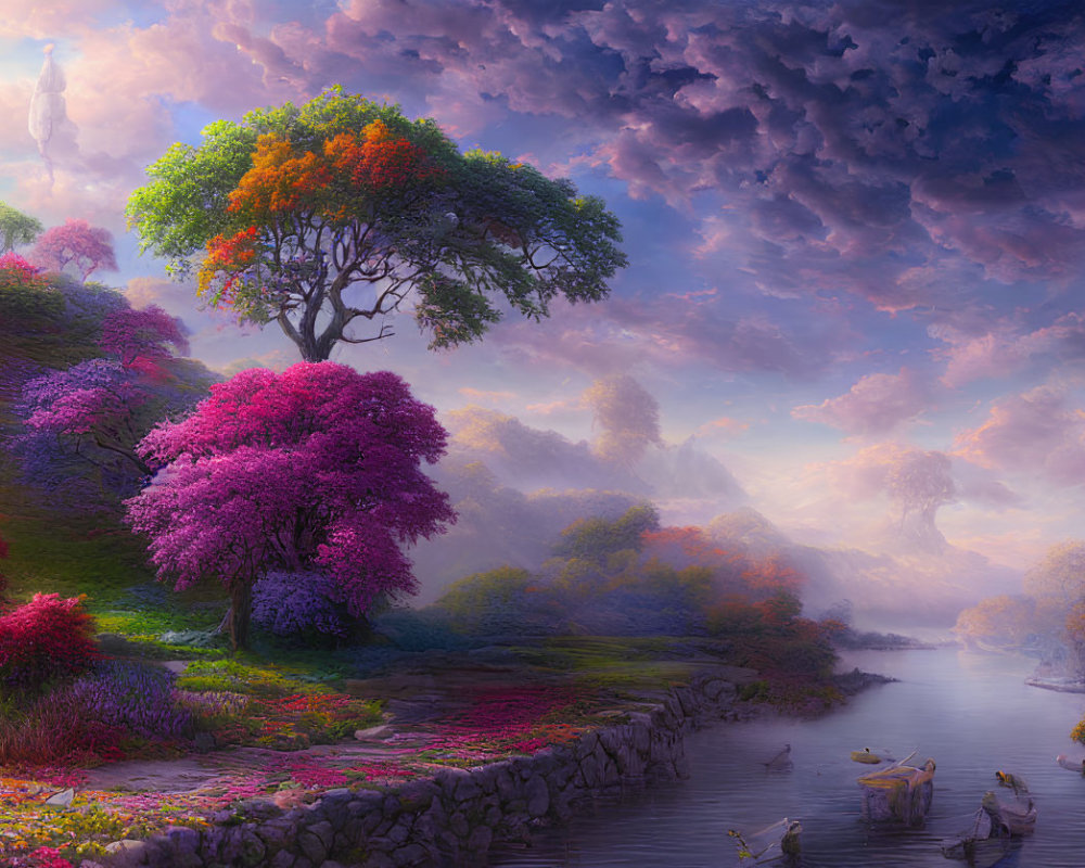 Colorful Blooming Trees and Swans in Fantasy Landscape