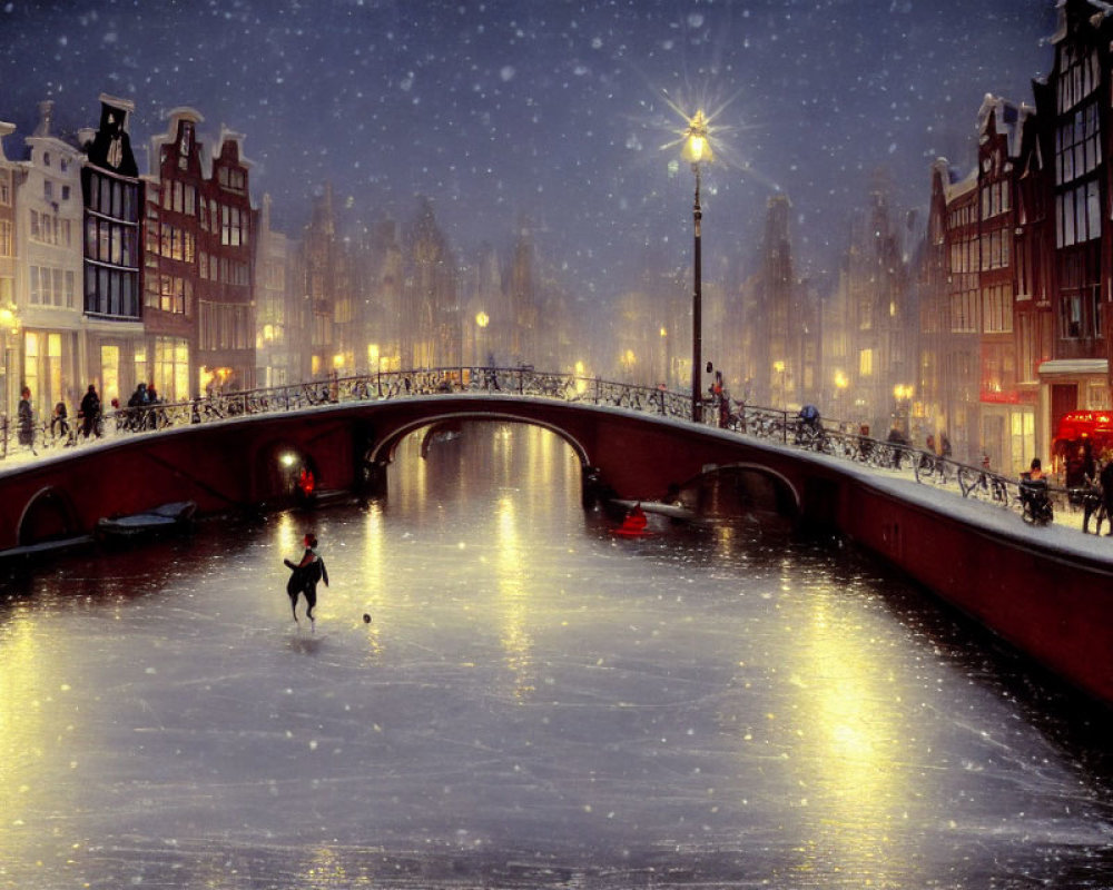 Winter evening in Amsterdam: Skating on frozen canal with city architecture and bridge under streetlights