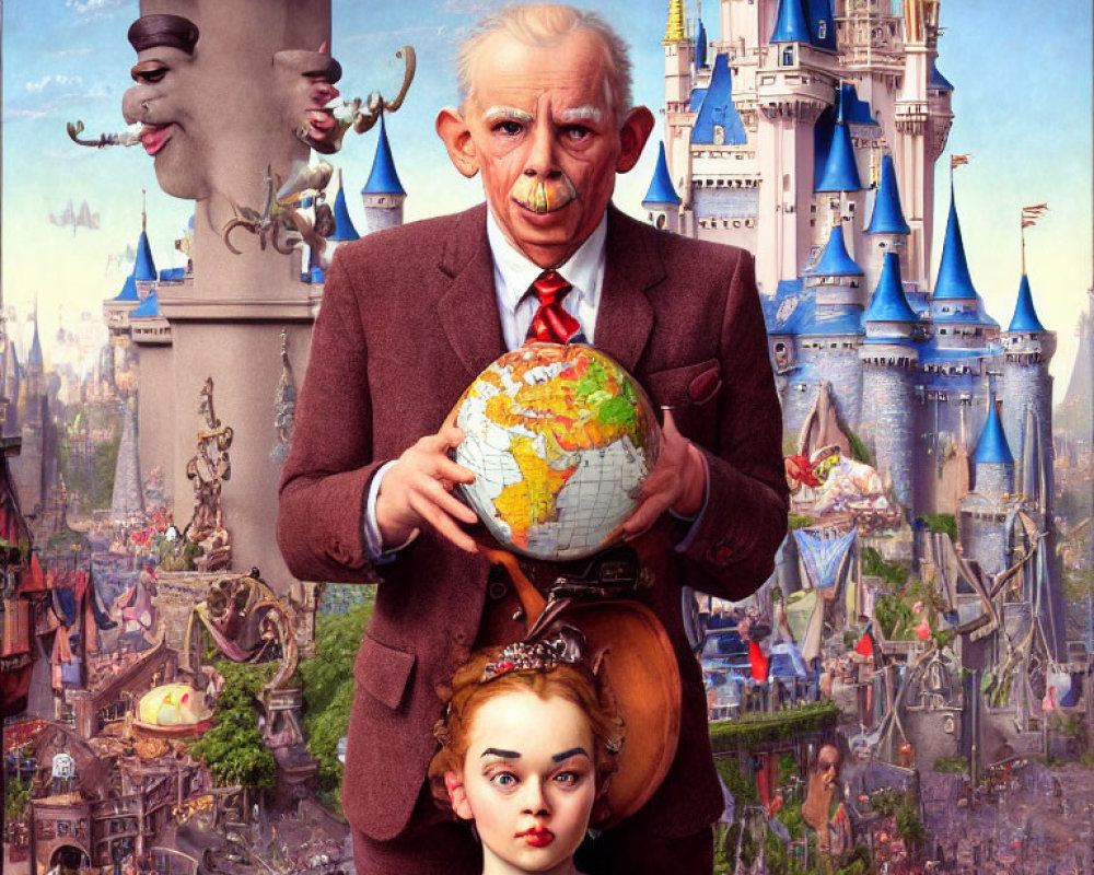 Elderly man in suit holding globe with young girl's head, surreal setting with castle and whims