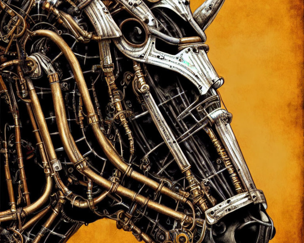 Intricate Steampunk Mechanical Horse Head Against Warm Background