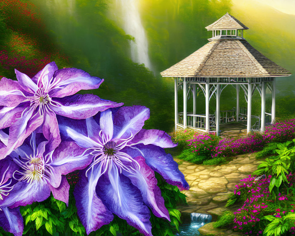 Vivid purple clematis flowers with gazebo and waterfall in serene landscape