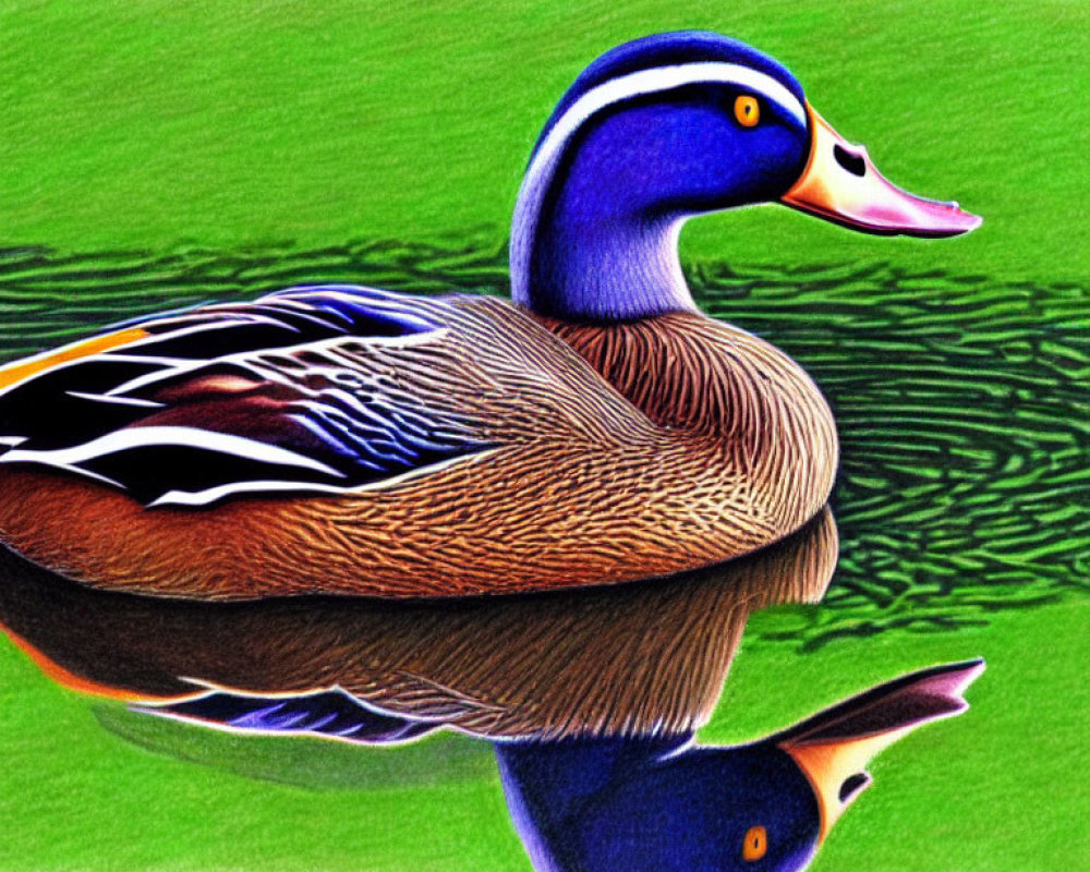Vibrant Mallard Duck Illustration with Detailed Plumage on Rippled Water