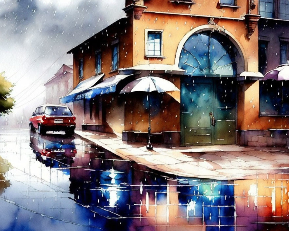 Vibrant Watercolor Painting: Rainy Street Scene with Building Reflections