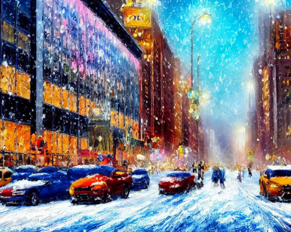 Snowfall city street scene with colorful buildings and busy traffic