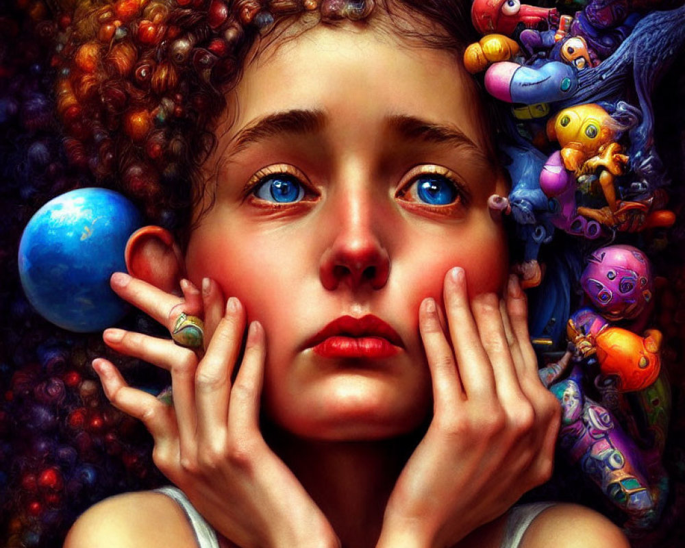 Vibrant digital painting of young girl with blue eyes and toys