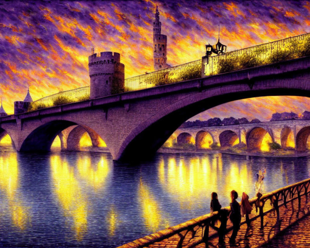 Historic stone bridge at sunset with vibrant orange skies and silhouettes of people by the riverside