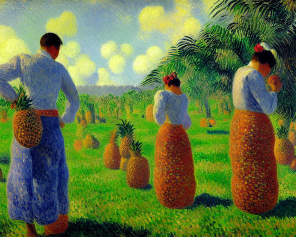 Three Figures with Baskets Among Pineapple Plants in Tropical Setting
