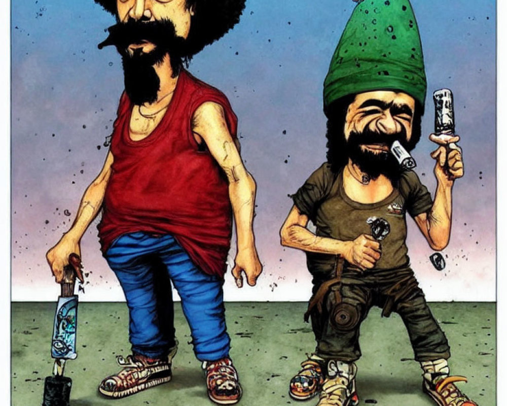 Exaggerated cartoon characters with afro and pointed hat walking side by side