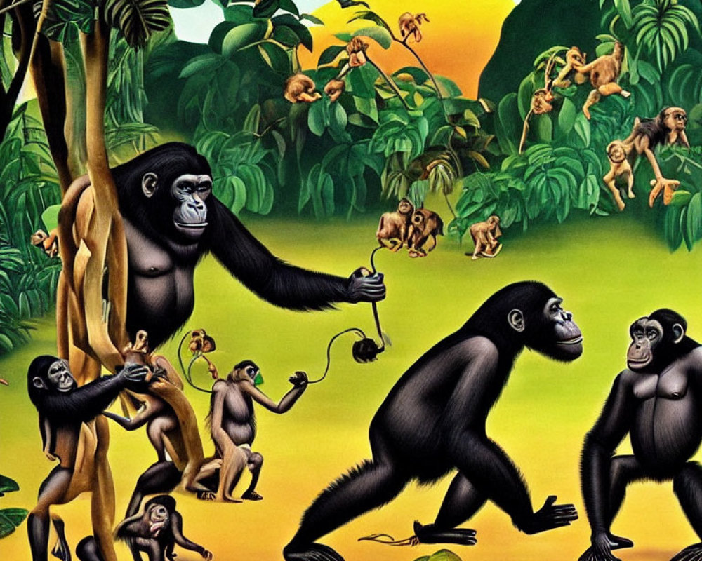 Illustration of gorillas and monkeys in lush jungle at sunset
