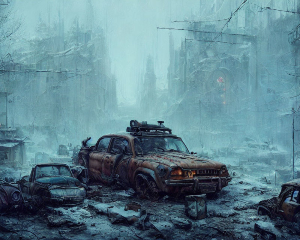 Desolate snow-covered city with rusted cars and gloomy buildings