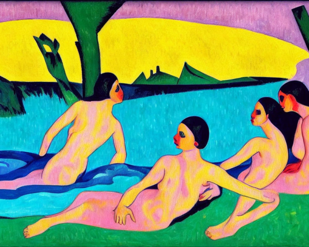 Colorful painting of four abstract figures bathing by a river