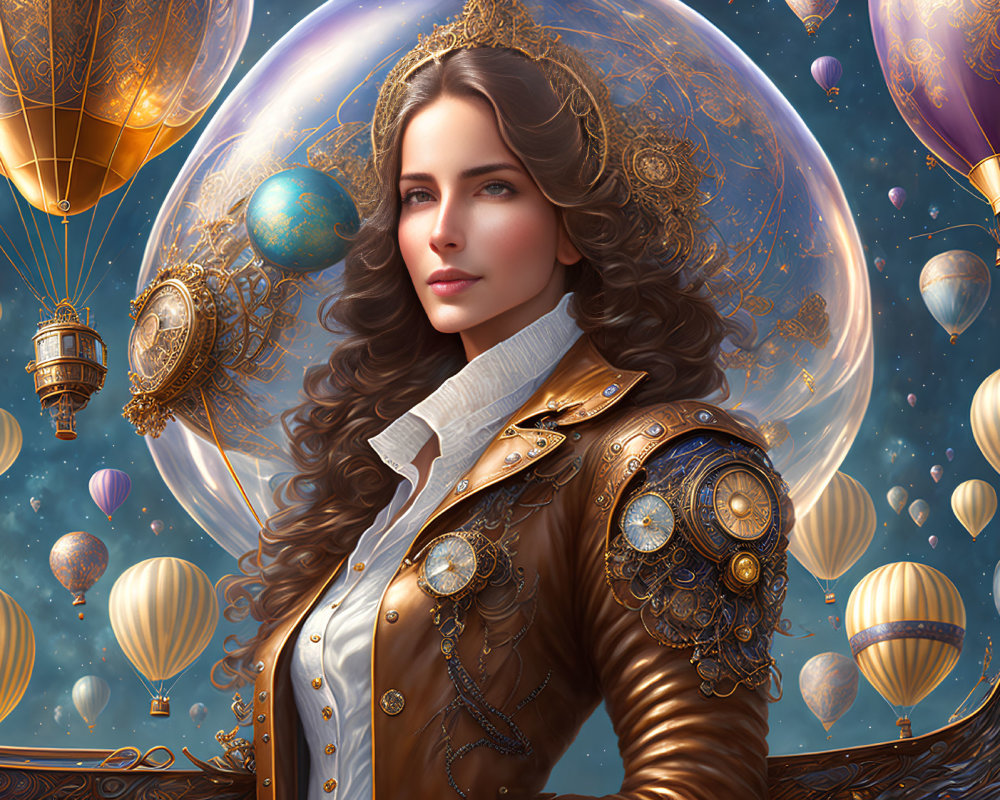 Steampunk-inspired woman in leather jacket among hot air balloons and celestial orbs.