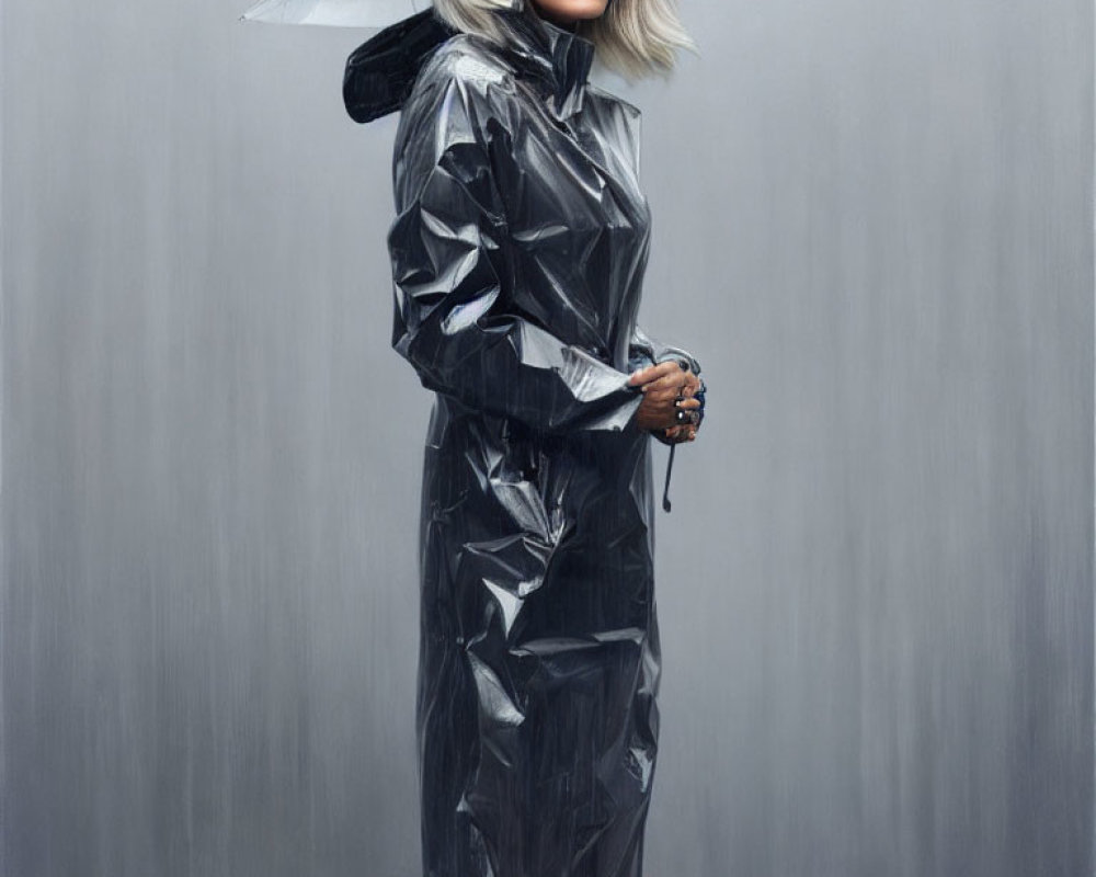 Futuristic woman in silver trench coat with clear umbrella