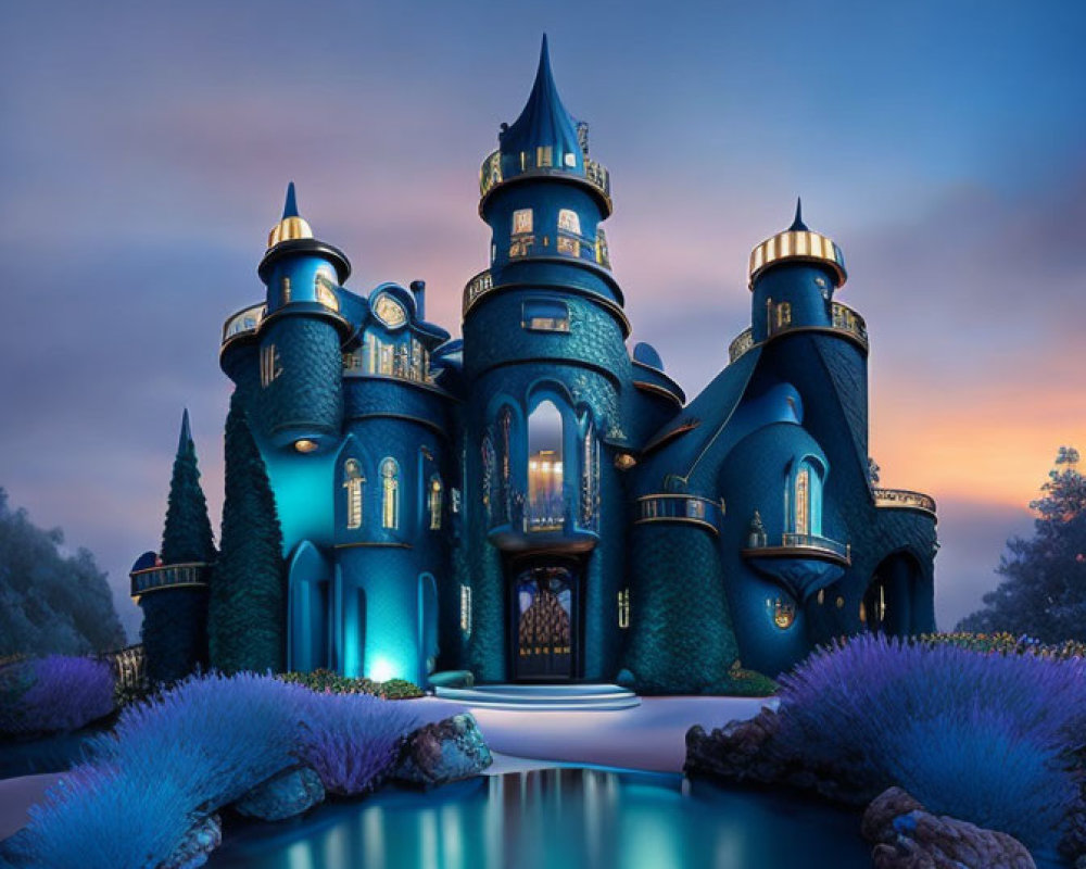 Blue Enchanted Castle at Twilight with Serene Pond
