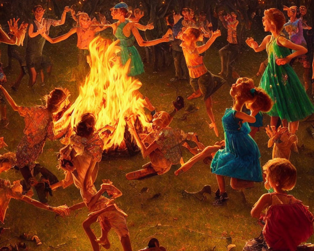 Nighttime forest clearing: People dancing around bonfire