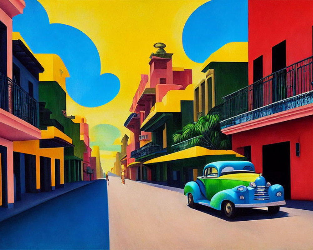 Colorful street scene painting with vintage car, person, and whimsical sky