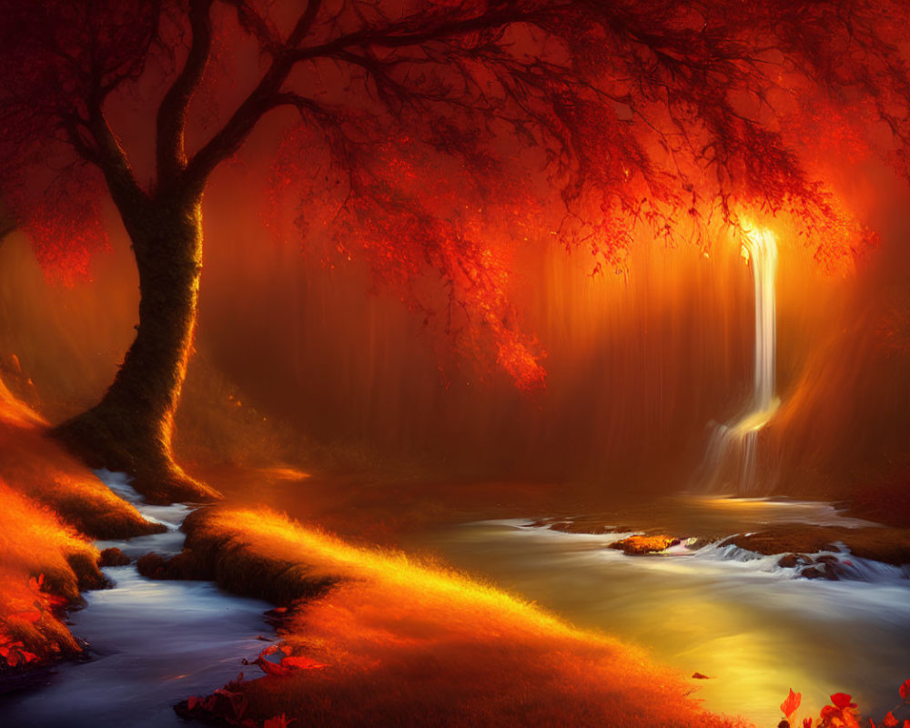 Glowing waterfall and fiery red foliage in autumn scene