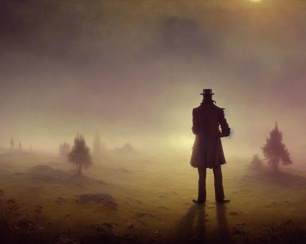 Silhouette of person in top hat and coat in misty field