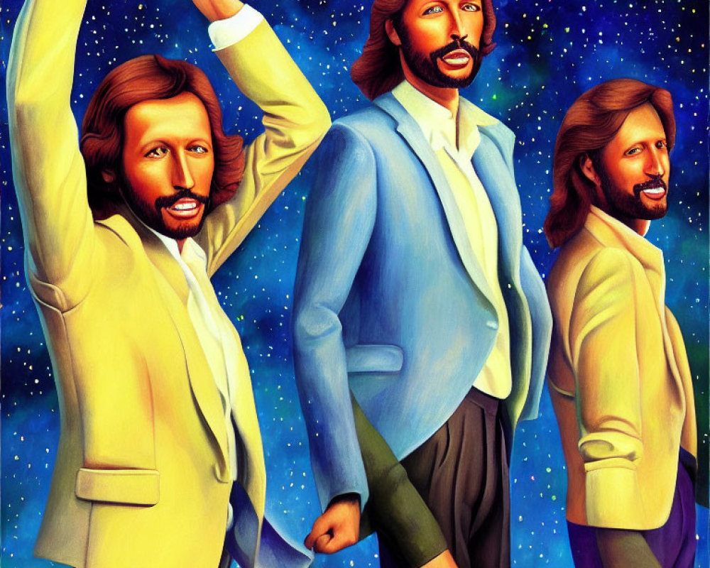 Three identical men in pastel suits with brown hair and beards posing against starry space backdrop