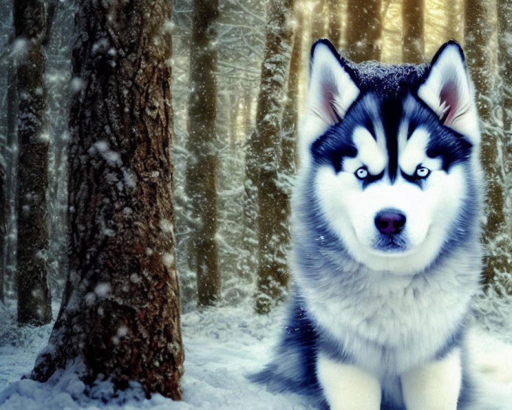 Blue-eyed husky in snowy forest with falling snowflakes