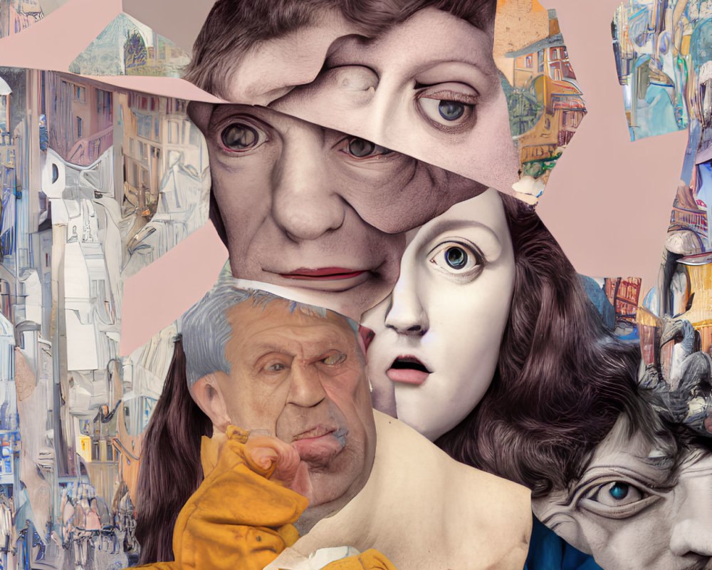 Surreal collage of overlapping faces against urban backdrop