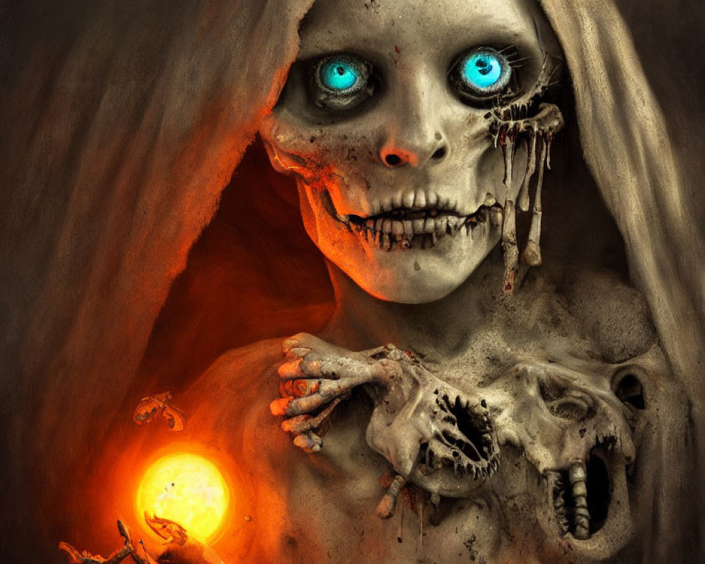 Skeletal figure with glowing blue eyes and bright orb on fiery orange backdrop