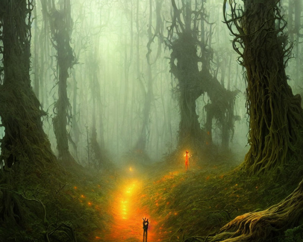 Enchanting forest scene with glowing path and figure