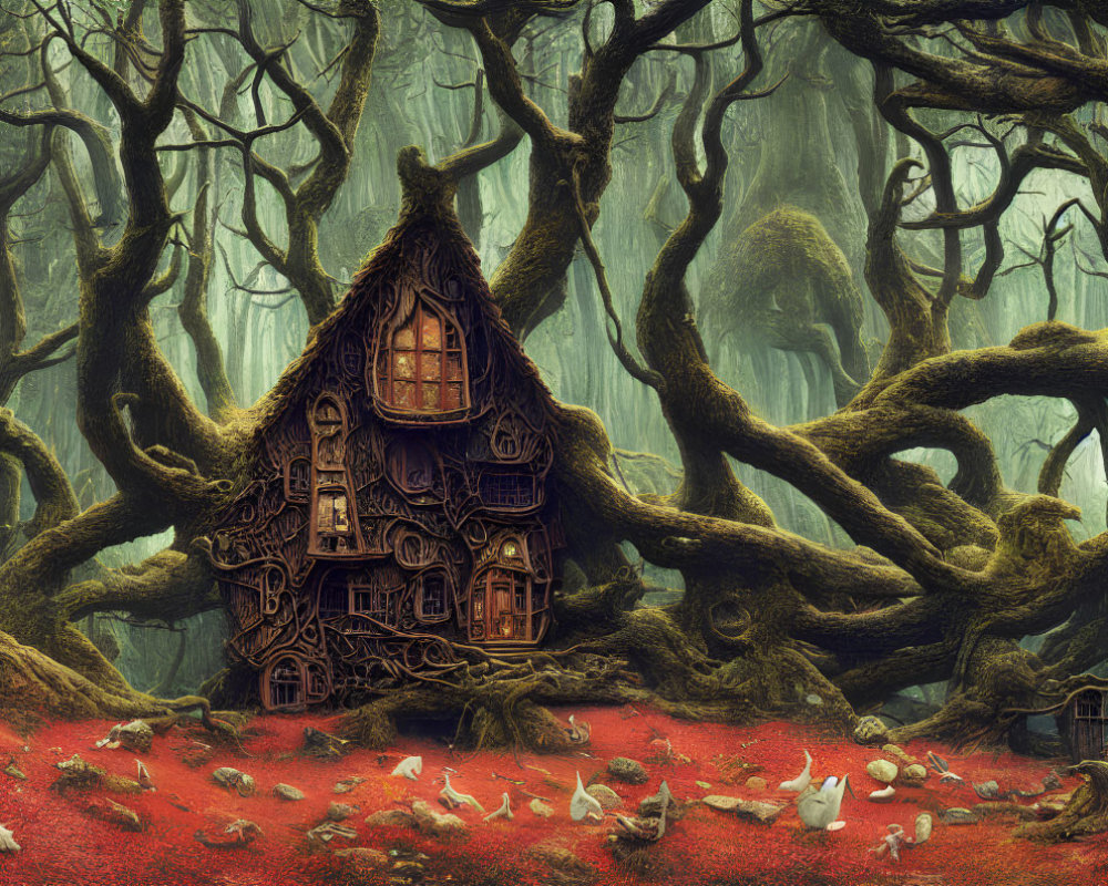 Tall wooden house in forest with red foliage and mushrooms